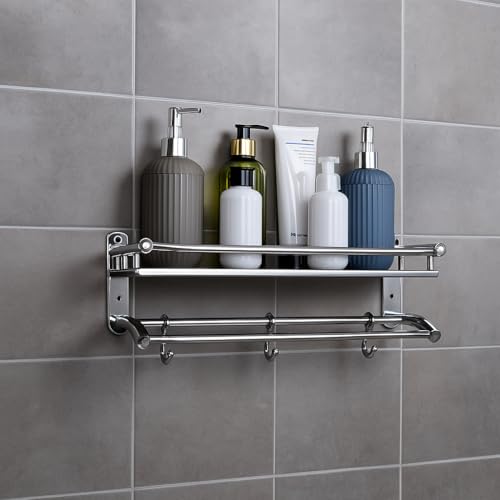 Image of EVANEX 2 Layer Bathroom Shelf | 304 Grade Stainless Steel Wall Mount Bathroom Organizer Rack | Rust Proof Multipurpose Floating Shelf | Wall Shelves | Bathroom Accessories Set