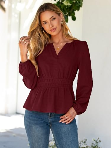 Simplee Womens Blouses Long Sleeve Peplum Boho Tops Fall Dressy Casual V Neck Swiss Dot Babydoll Tops Fashion Shirts2