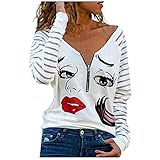Pullover Damen Langarmshirt Langarm Locker Sweatshirt Gestreift Herz Gedruckt Oberteile mit Reißverschluss Frauen Sexy Herbst Tiefer V-Ausschnitt Tops Elegant Bluse Mädchen Lässig Basic Shirts Tunika