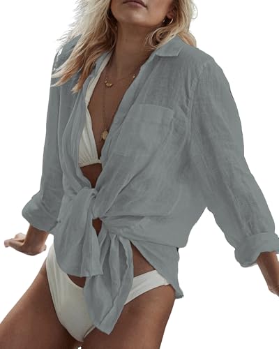 Image of Bsubseach Women Long Sleeve Beach Shirt Blouses Bathing Suit Cover Up Button Down Collar
