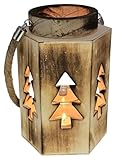 Bambelaa! Weihnachtliche Motivlaterne Vintage mit Seilgriff aus Holz Glaseinsatz Deko Windlicht Innen und Außen für Haus Garten rustikale Holzlaterne Kerzenhalter ca. 14 x 16 x 23 cm Tannenbaummuster