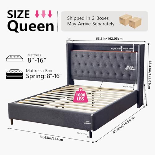 Redlife Queen Size Platform Bed Tufted Upholstered Bed Frame with 48.4\" Tall Wingback Headboard, LED Lights, Charging Station, Wooden Slats, No Box Spring Needed(Gray)