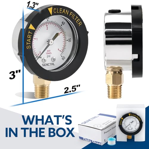 image for SENCTRL 0-60 Psi Pool Filter Pressure Gauge, 2 inches Dial, 1/4 NPT Lo