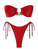 ZAFUL Womens Bathing Suits Bandeau Bikini Sets Cheeky Thong Two Piece Swimsuits Metal Ring Swimwear Shiny Red S