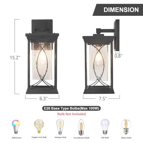 Image of Refice Aluminum 15 inch Outdoor Wall Light, IP65 Waterproof Outside Lights for House with Rippled Glass Shade, Black Exterior Lighting Fixtures for Patio, Garage, Front Door, Garden & Porch, 2 Pack