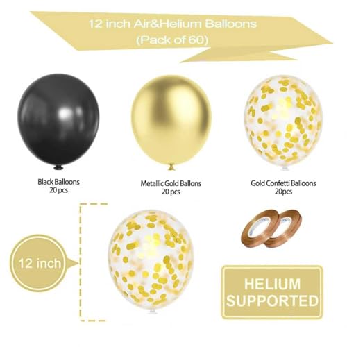 Image of Black and Gold Balloons, 12 Inches 60 Pieces Black Balloon Metallic Chrome Gold Confetti Balloon for Birthday, New Year, Graduation Party