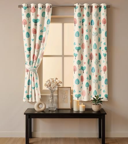 Image of Ultimate Trends Room Darkening Digital Printed Floral Geomatrical Prints Curtain 65-70% Opacity,Diamond Eyelets, Tie Back, Floral Geomatrical, 6 FEET Pack of 2,Light Yellow with Blue and Pink