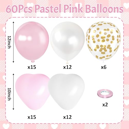 Image of Pink Balloons, 60 Pcs Pastel Light Baby Pink and Pearl White Heart Latex Balloons, 12 Inch Double Stuffed & Gold Confetti Balloon for Girls Women Birthday Wedding Bridal Baby Shower Bachelorette Party