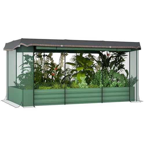 Outsunny 7.3 x 3.4 x 1 ft Galvanized Raised Garden Bed with Crop Cage Plant Protection Net and Shade Cloth Roof, Metal Planter Box with Cover for Vegetables, Flowers, Herbs, Green
