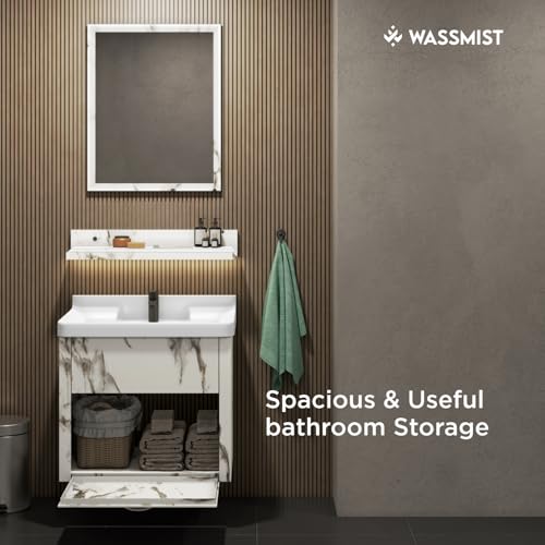 Image of WASSMIST Bathroom Vanity Washbasin Cabinet with Mirror & Shelf | Wall Mounted Wash Basin with Cabinet Full Set | Waterproof & Unbreakable (White)