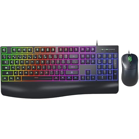 QUASIO Wired Keyboard and Mouse Combo with Rainbow RGB Backlit, Wrist Rest, 104 Keys Ergonomic Quiet Computer Keyboard Mice, USB Wired Lighted Keyboard Combo for Window/Mac/PC/Laptop Cover