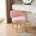 Warmiehomy Pink Dressing Table Chair with Gold Legs, Teddy Velvet Makeup Vanity Stool Chair for Dressing Table, Bedroom, Living Room