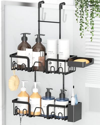 Medcogia Shower Caddy Hanging, Rustproof Bathroom Caddy Shower Shelf with 16 Hooks,Bathroom Organizer Space-Saving Storage for Shampoo, Soap & Towels(Black 2-Tier Hanging Shower Caddy)