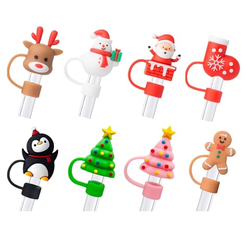VITEVER 8 Stück Weihnachten Strohhalm Zubehör für Stanley Cup, 10mm Staubdichte Silikonmaterial Strohhalme Abdeckung, Si...