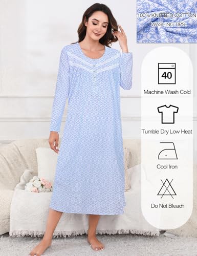 Image of IZZY + TOBY Nightgowns for Women Long Sleeve Soft Cotton Long Warm Nightdress Kintted Night Gown