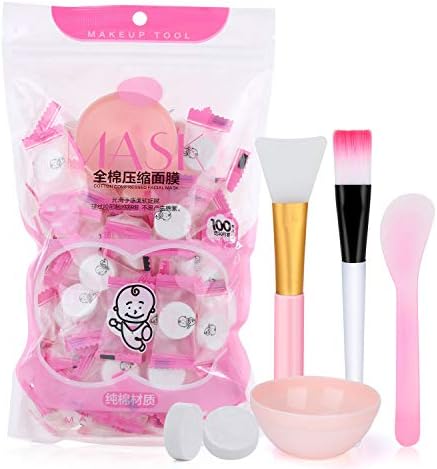 100Pcs Compressed Facial Mask Cotton Face Mask Sheet Grain Skin Care Dry Sheet Mask Paper DIY Natural Face Cotton Mask Sheet, Get Free of 1×Mask Bowl,1×Mask stick,1×Silicone Brush,1×Soft Bristle Brush