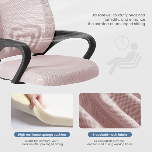 Image of DUMOS Home Office Chair - Ergonomic Mid Back Mesh Desk Chair with Lumbar Support & Rocking Mode, Height Adjustable with Fixed Armrest, for Computer, Gaming, Meeting, 360 Swivel, Pink