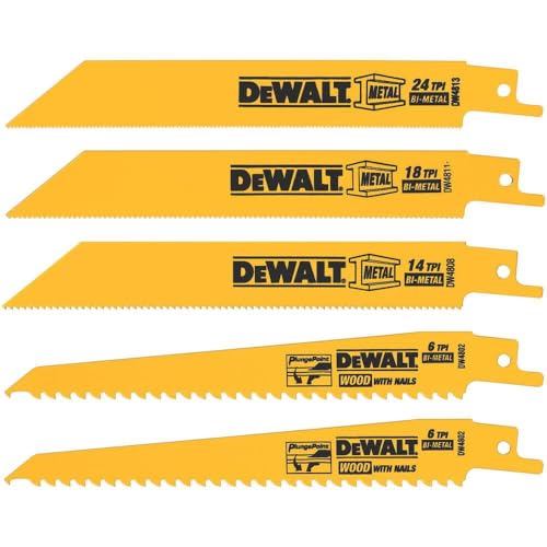 DEWALT Reciprocating Saw Blades, Metal/Woodcutting, 5-Piece Set (DW4857), Yellow