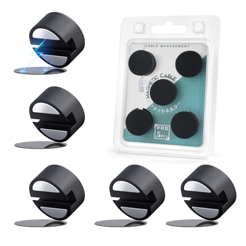 Maveek Magnetic Cord Clips Black, Silicone Cord Organizer Magnet Cable Holder Charging Cable Management Cord Keeper with Adhesive Metal Disc (5 Piece, Large Size)