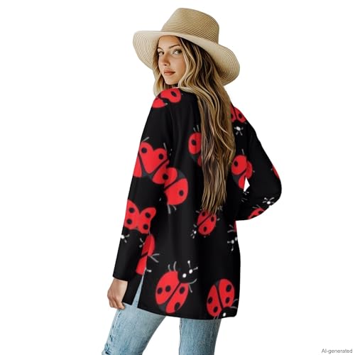 Image of Forchrinse Red Ladybug Cardigan for Women Causal Long Sleeve Open Front Cardigans Sweater Fashion 2024 Fall Coat with Pockets