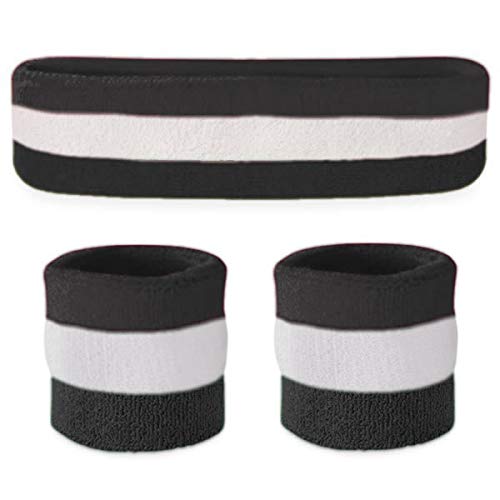 Suddora Striped Sweatband Set - (1 Headband and 2 Wristbands) Cotton for Sports & More. (Black White Black)-image-33