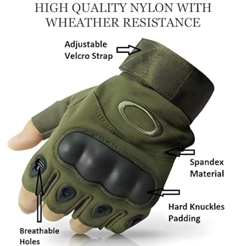 Image of Tactical Riding Gloves for Men - Half-Finger Motorcycle Gloves with Rubber Knuckle Guard, Non-Slip Grip & Palm Padding - Ideal for Bike Riders, Sports, and Outdoors (Green)
