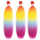 Menethe Hair Rainbow Braiding Hair Pre stretched 24 Inch Ombre Braiding Hair Hot Water Setting Professional Yaki Synthetic Hair For Twist Braids（Rainbow#）
