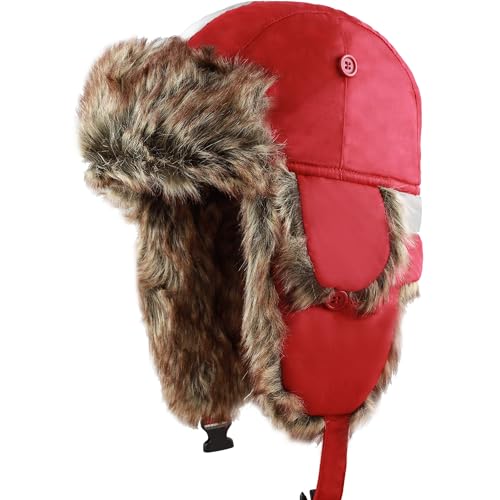 Image of Faux Fur Safety Reflective Aviator Trapper Hat Snow Ski Trooper Winter Cap