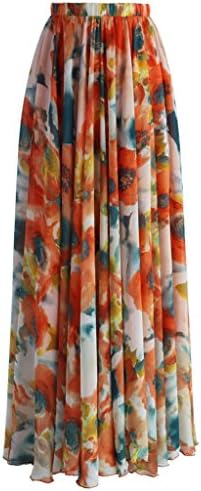 Annflat Women's Floral Printed Frill Chiffon Maxi Skirt XX-Large Orange