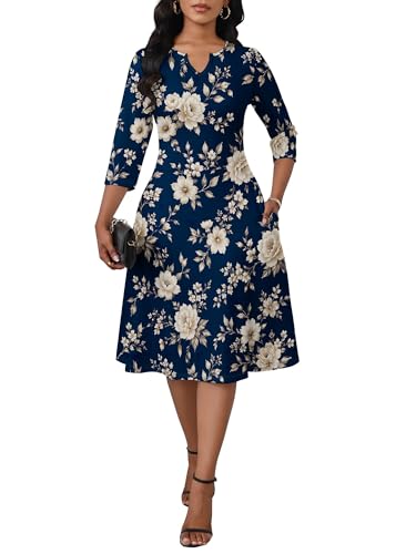 Image of PinkPatty Women's Casual 3 /4 Sleeve Midi Dresses Fit and Flare Church Work Dress with Pockets