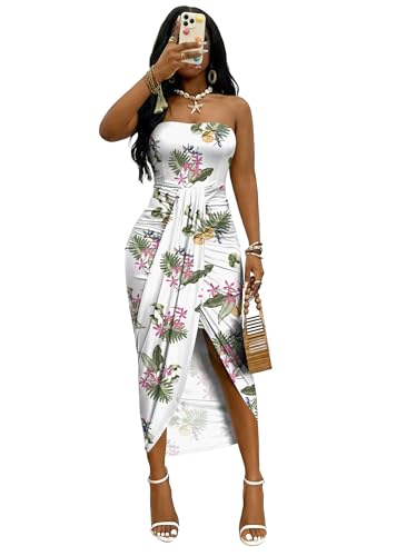 Image of Umenlele Women's Strapless Ruched High Waist Wrap Split Asymmetrical Beach Maxi Long Dress