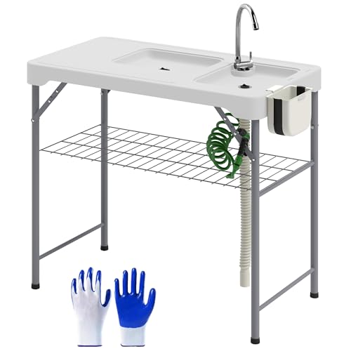 Outsunny Mesa para Limpiar Pescado Portátil Mesa Plegable para Camping con 2 Fregaderos Manguera de Drenaje Estación de Limpieza y Grifo para Pesca Barbacoa 108x58x92 cm Blanco