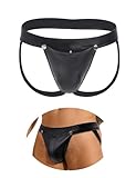 ohmydear String Tanga Männer Sexy PU Leder Jockstrap mit Schritt-Öffnung Herren Unterwäsche mit Beutel Ouvert Thong Low-Rise Unterhosen Mens Briefs für Party Rollenspiele Clubwear Schwarz XL