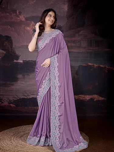 Image of TRENDMALLS Women's Designer Rangoli Silk Embroidered Saree with Floral Cutwork Border, Sequin Work and Unstitched Blouse Piece For Women