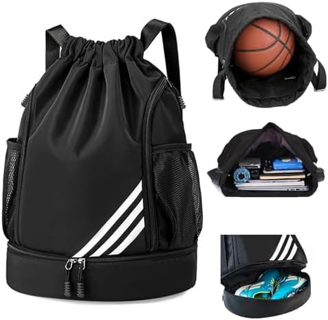 Drawstring Bag Beach Sports Yoga Gym Bag with Side Mesh Pockets, Basketball Bag with Shoes Compartment for Women Men (Black)