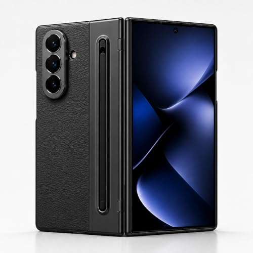 Image of amazon basics Premium Genuine Leather Case for Samsung Galaxy Z Fold 8 Ultra - Slim Fit Luxury Business Cover with Built-in S Pen Slot & Magnetic Hinge Protection - Midnight Black