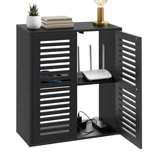 WiFi Router Storage Cabinet Floor Standing Router Storage Box Modem Multi-Functional Router Storage Box Power Strip and Cable Management Hider Organizer for Living Room Office Bedroom Black