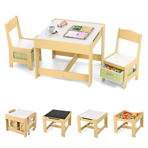 GOPLUS Table Enfant avec 2 Chaises, 3-en-1 Petite Table de Dessin, Réversible à Double Face avec...