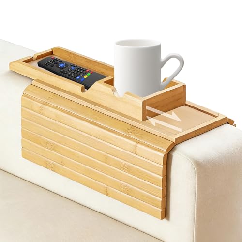 Natural Wooden Sofa Arm Tray - 2-in-1 Foldable Armchair Table with Detachable Tray, Non-Slip Organizer for Recliners and Couches