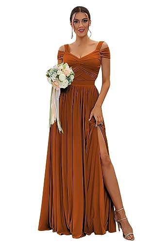 Image of SOLODISH Off The Shoulder Bridesmaid Dresses Long Chiffon Formal Evening Dresses for Women