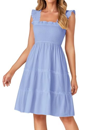 Image of Rooscier Women's Square Neck Smocked Ruffle Sleeveless Tiered A Line Sundress Mini Dress