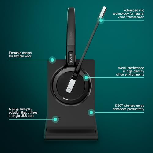 Image of EPOS Impact 5000 Go MS 3-in-1 Wireless DECT Headset with USB-A Dongle, Foldable Charge Stand, Microsoft Teams Certified, Noise-Cancelling Mic, Up to 135m Range