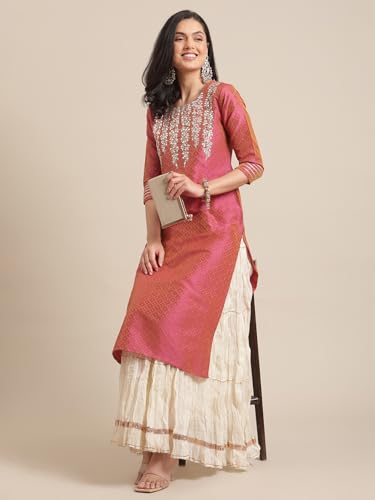 Image of Varanga Women Blue Floral Printed Round Neck with Placket Embellished with Sequin and Tassel, Straight Kurta with Three Quarter Sleeves