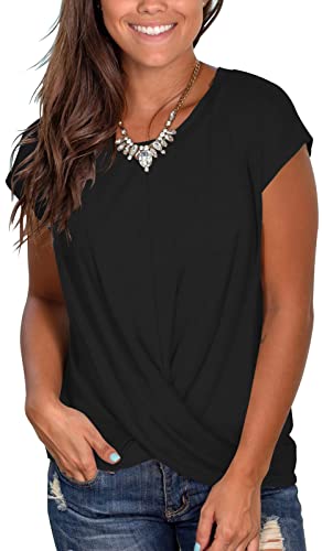 Womens Tops Short Sleeve Round Neck T-Shirts Front Twist Tunic Tops for Mom Black S