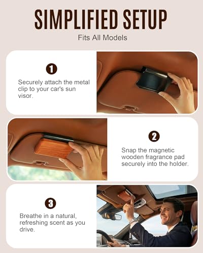 Image of Natural Wooden Car Air Freshener for Visor Clip- Natural Teak /Cabana /Amber Scents, Long-Lasting Odor Eliminator with Metal Clip, 3 Refillable Wood Chips for Cars /Trucks /SUVs