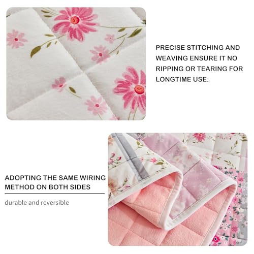 Joyreap 3 Pieces Flannel Floral Patchwork Quilt Set, Queen Size Gray n Pink Flowers Fluffy Velvet Quilt, Microfiber Bedspread Bed Cover for All Season, 1 Quilt and 1 Pillow Sham- 88x88 inches
