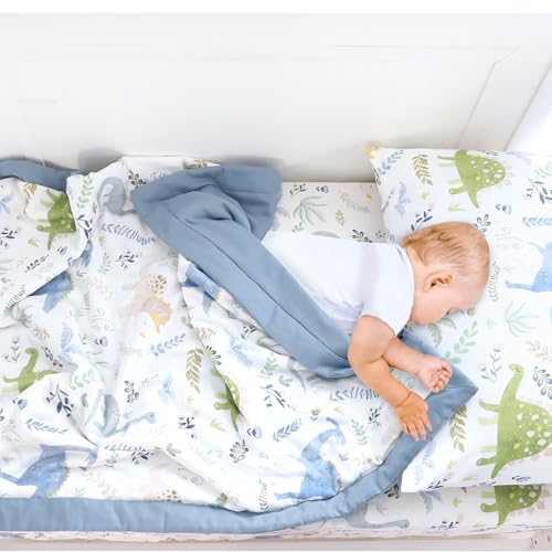 Image of Pea Pod Muslin Toddler Bedding Set 3-Piece - Soft Breathable Crib Bedding with Fitted Sheet, Quilt & Pillowcase for Infant & Kids Bed | Machine Washable Nursery Bed Set (Dinosaur)