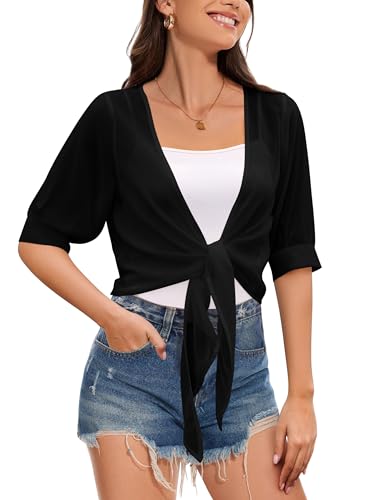 Women Shrug Cardigans Soft Chiffon Summer Tops 3/4 Sleeve Lightweight Cropped Cardigan Tie Front Bolero for Dresses