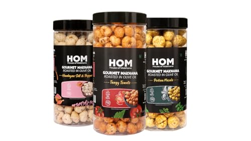 Image of H O M House Of Makhana 195g Tangy Tomato, Pudina + Himalayan Salt and Pepper Gourmet Makhana Jar Roasted in Olive Oil, Flavored Makhana Pack of 3 (65gX3)