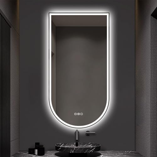 Espejo de baño antivaho iluminado, de arco para montaje en pared, de 32/36 pulgadas, con atenuación tricolor, iluminación frontal y trasera, diseño moderno. Disponible en 40/48/51 pulgadas (recor